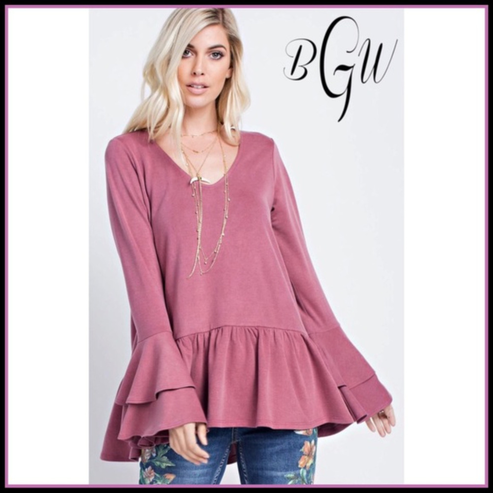 Washed French Terry Boho V-Neck Tunic w Ruffles - Picture 4 of 7